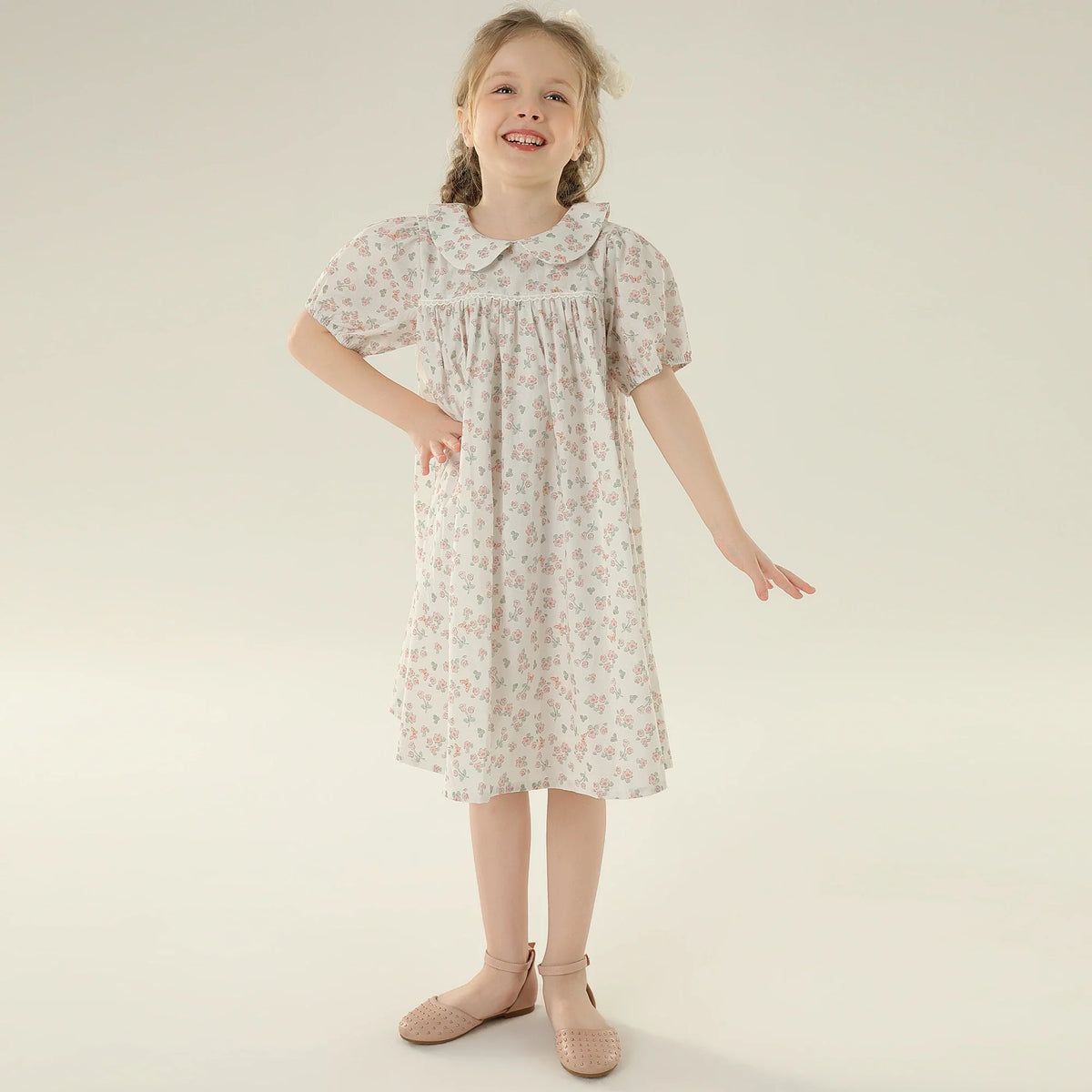 Floral Street Look Puff Sleeve Dress For Girls