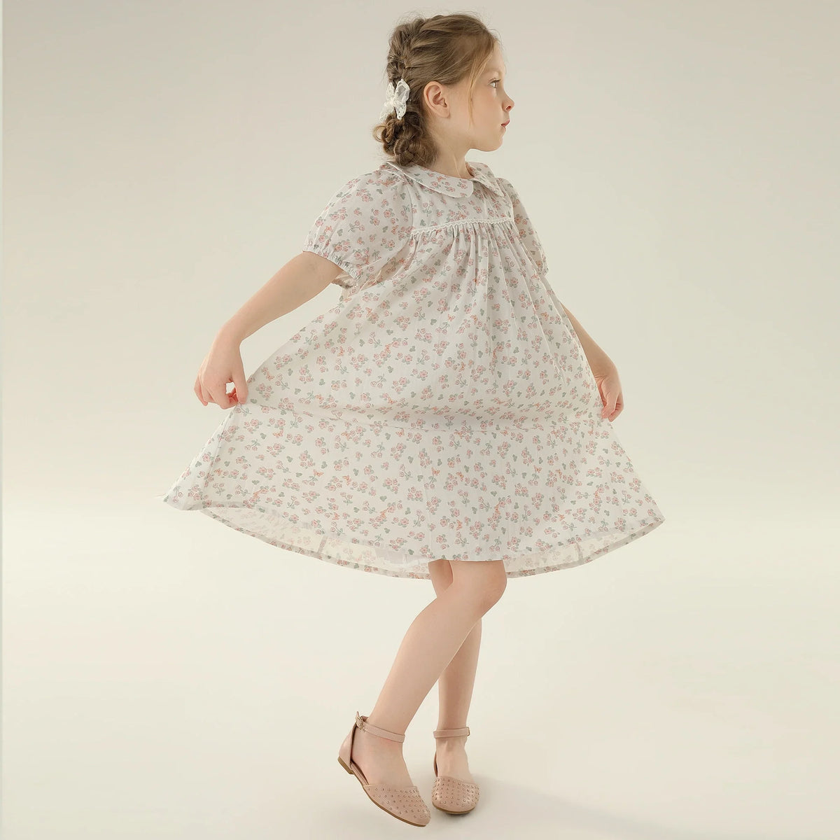 Floral Street Look Puff Sleeve Dress For Girls