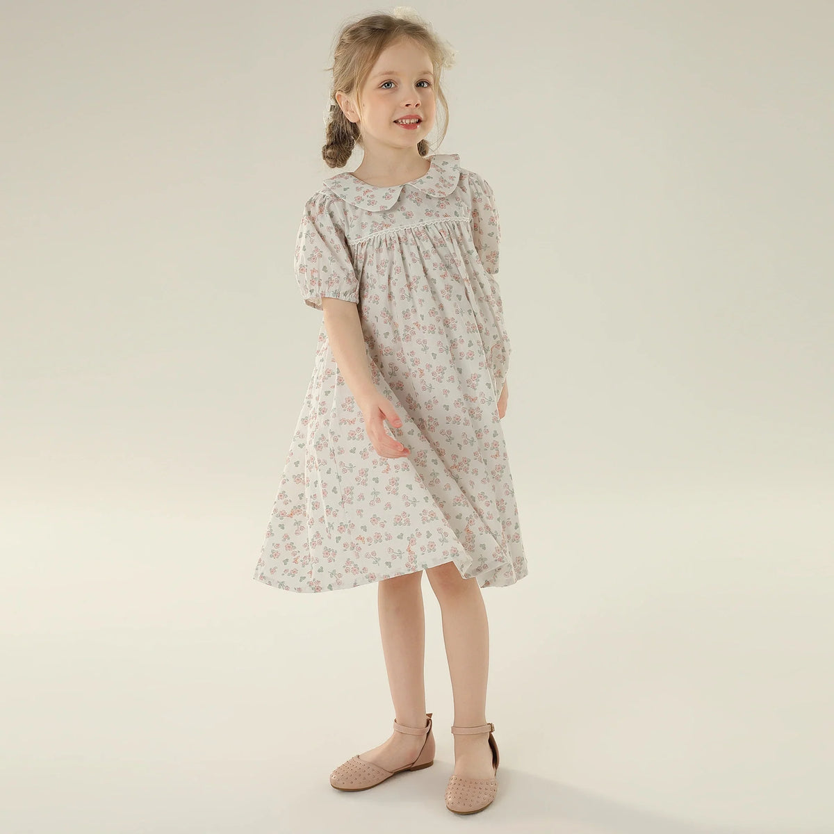 Floral Street Look Puff Sleeve Dress For Girls