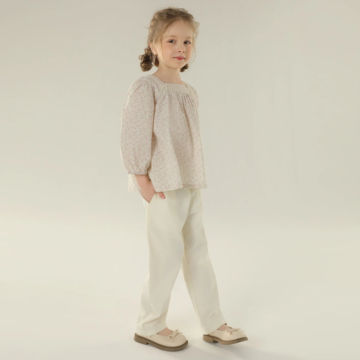 Floral Street Look Puff Blouse For Girls