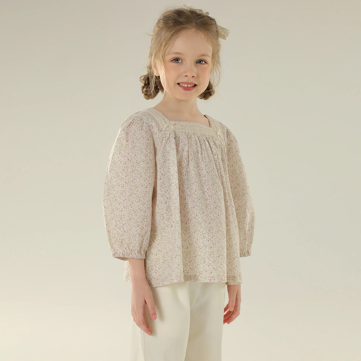 Floral Street Look Puff Blouse For Girls