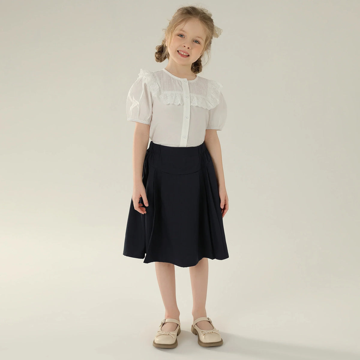 Jacquard Street Look Puff Sleeve Shirt For Girls
