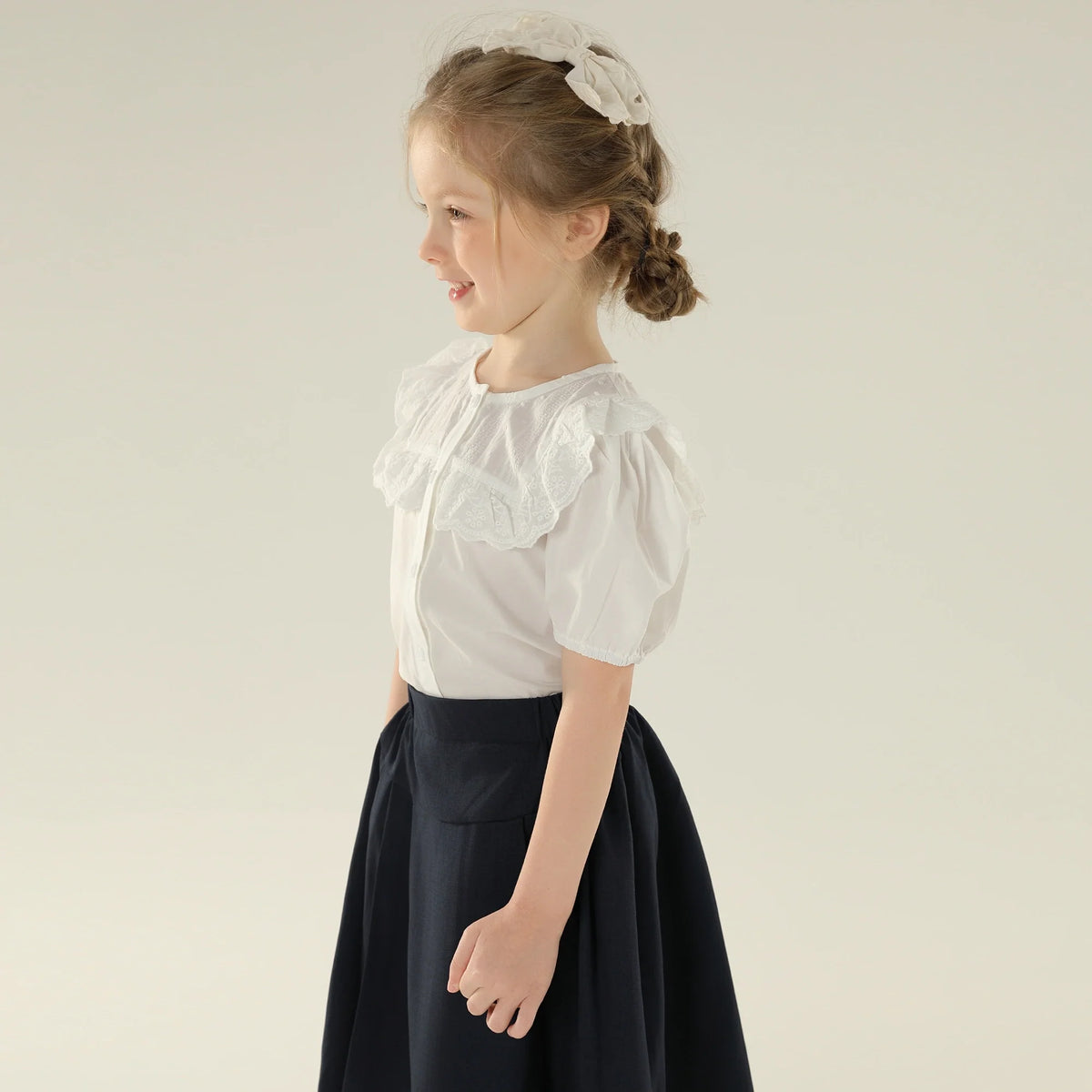 Jacquard Street Look Puff Sleeve Shirt For Girls