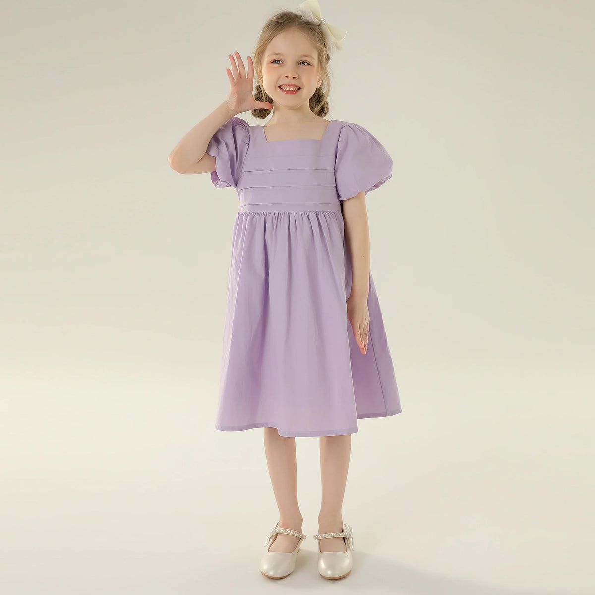 Plain Street Look Puff Sleeve Dress For Girls