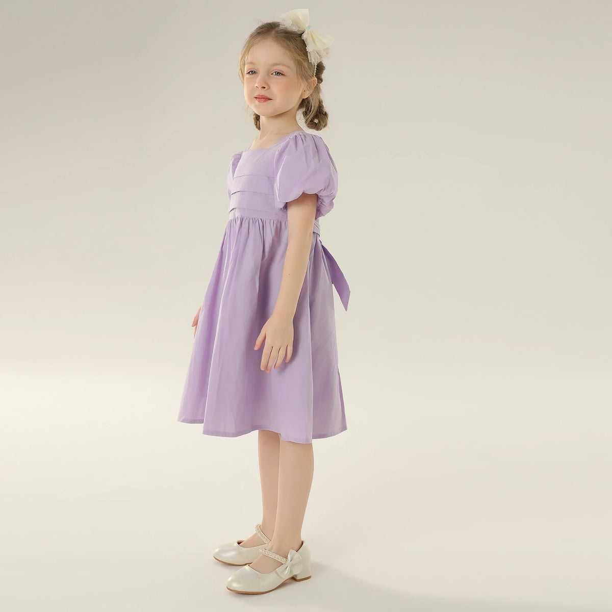 Plain Street Look Puff Sleeve Dress For Girls