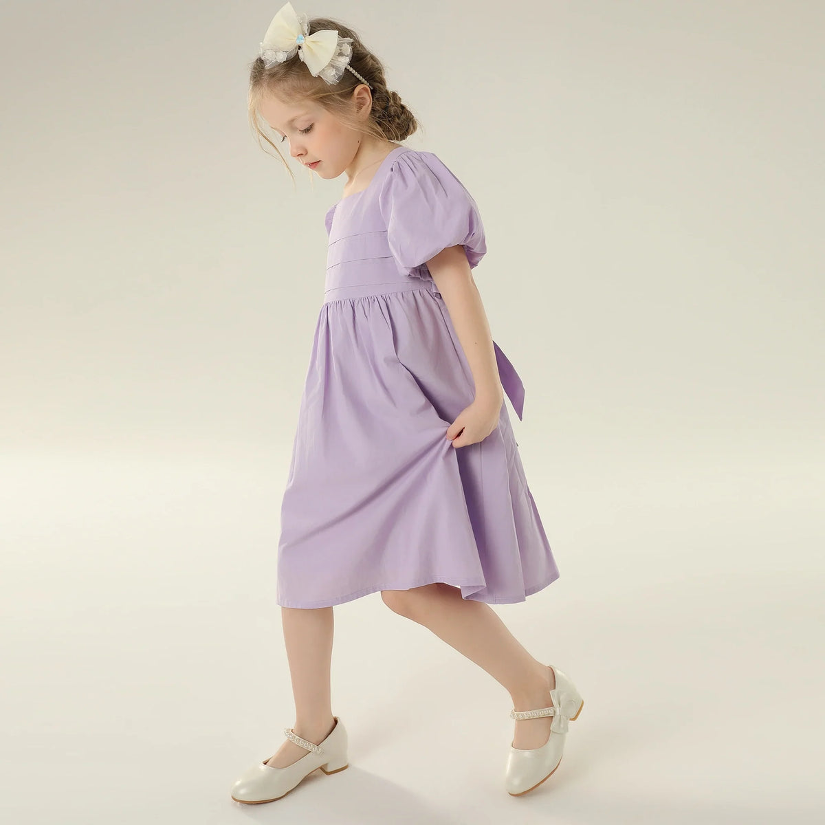 Plain Street Look Puff Sleeve Dress For Girls