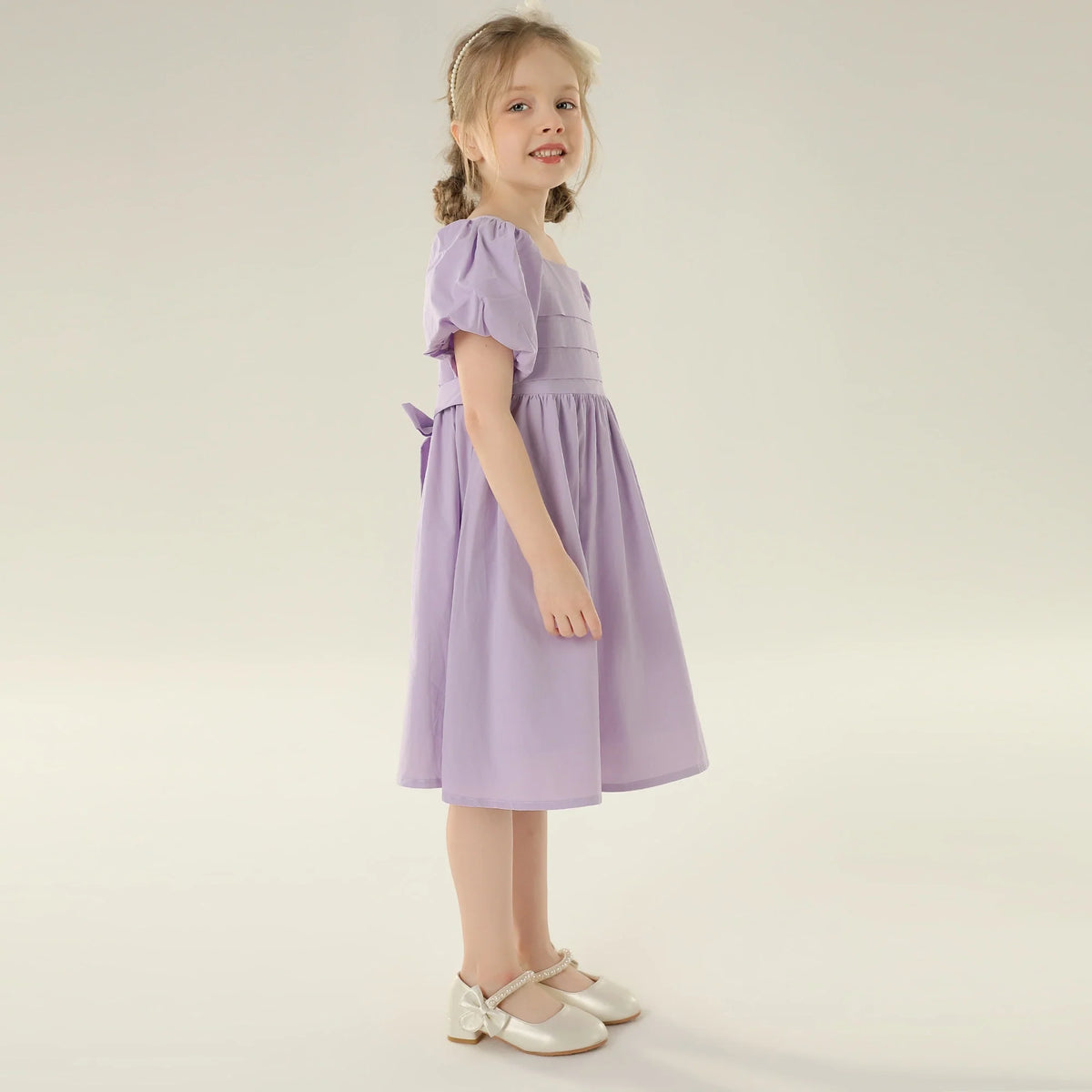 Plain Street Look Puff Sleeve Dress For Girls