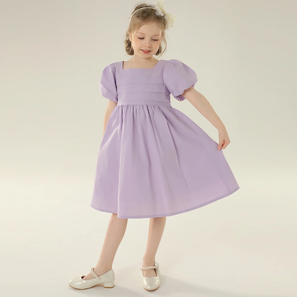 Plain Street Look Puff Sleeve Dress For Girls