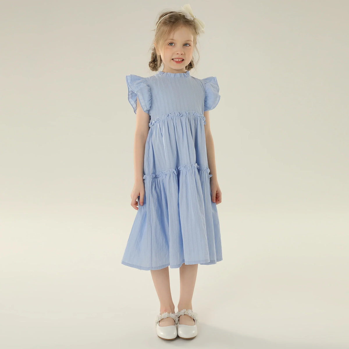 Jacquard Street Look Flutter Sleeve Dress For Girls