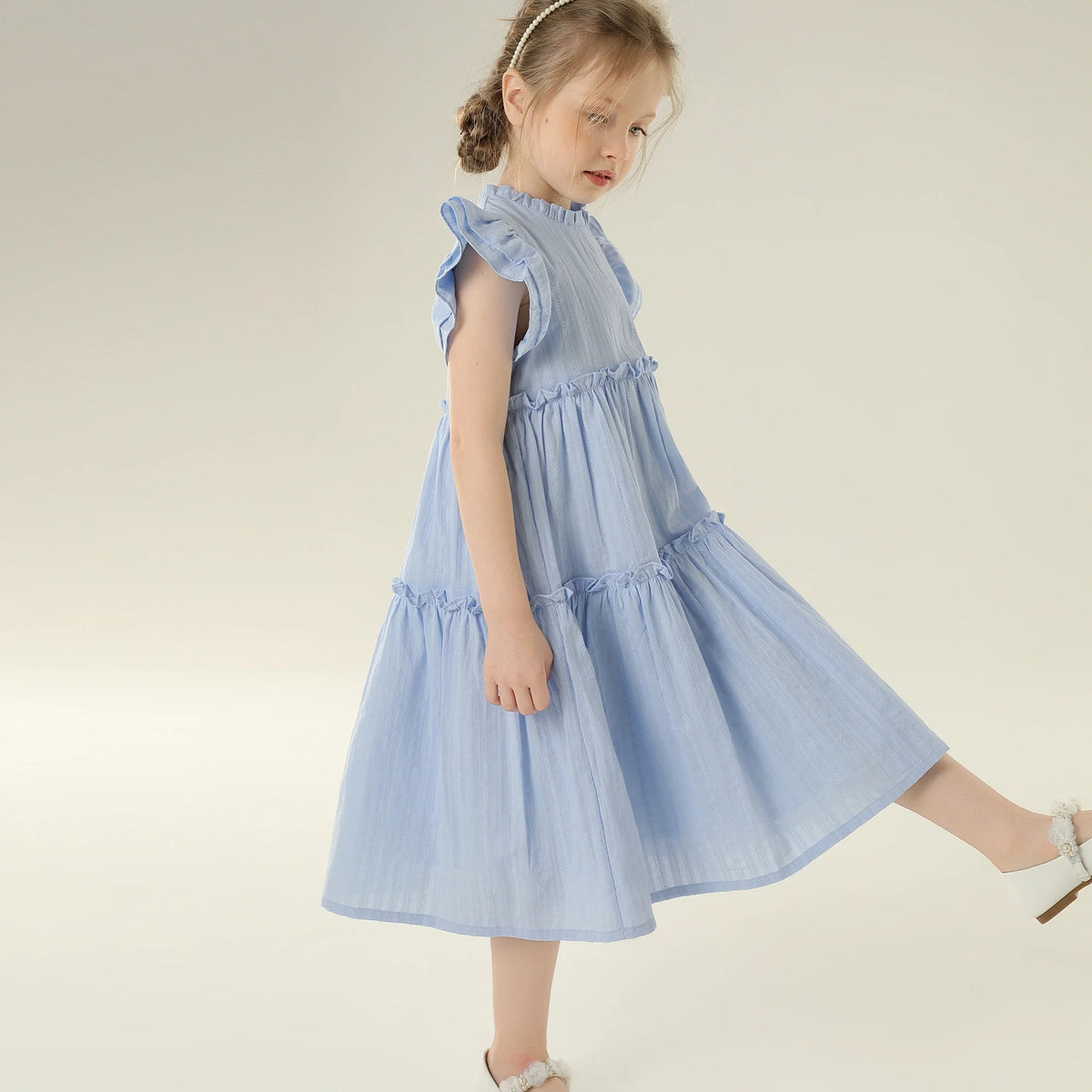 Jacquard Street Look Flutter Sleeve Dress For Girls