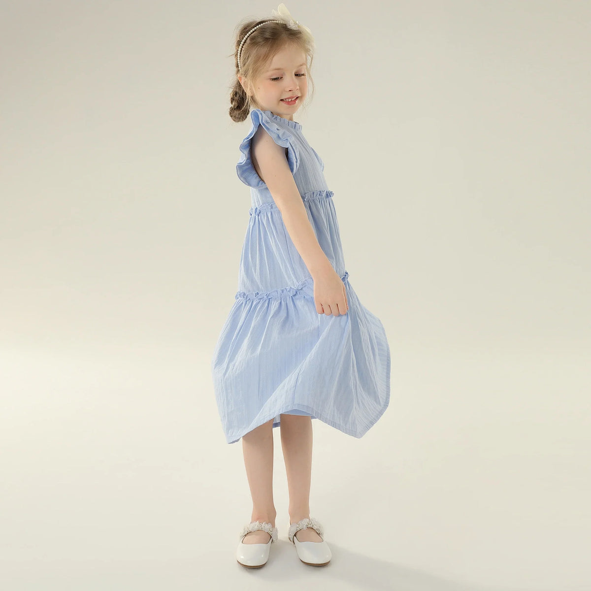 Jacquard Street Look Flutter Sleeve Dress For Girls