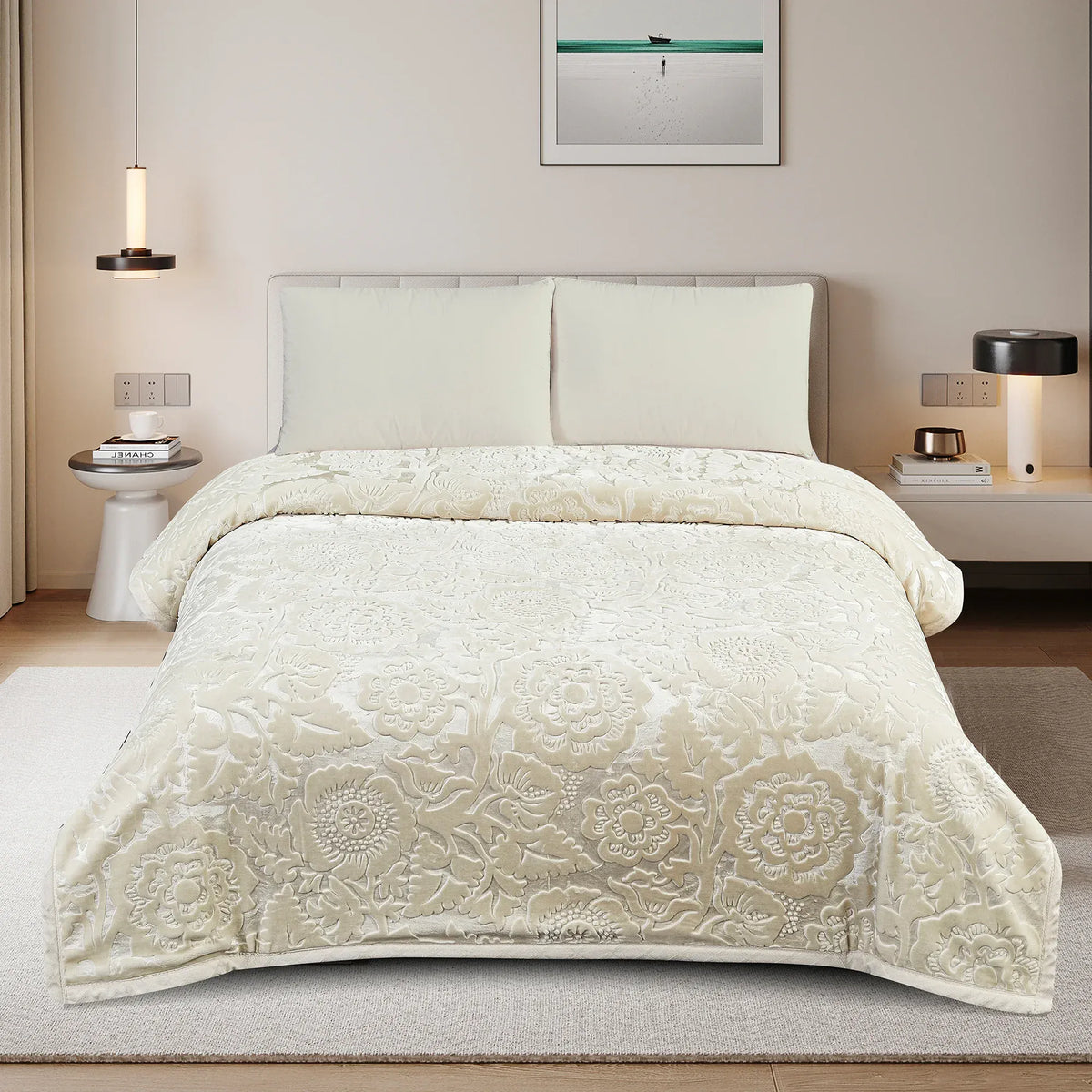 Free Light Beige Imitated Rabbit Fur Cloud Blanket 2Ply Image