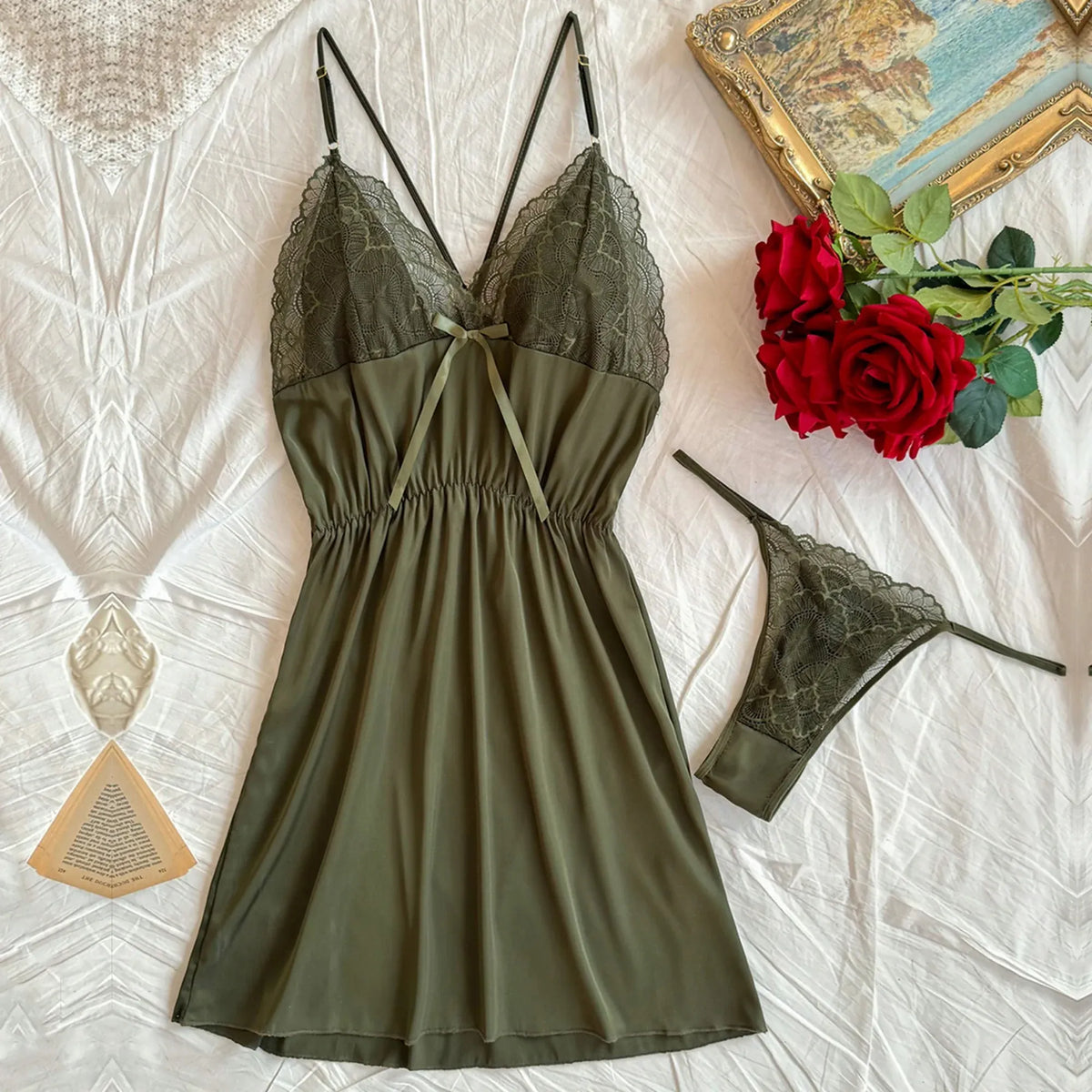 Olive Green Dress-2pc Lingerie For Women Image