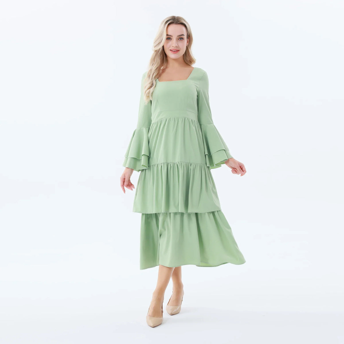 Bean Green Plain Dress for Women Image
