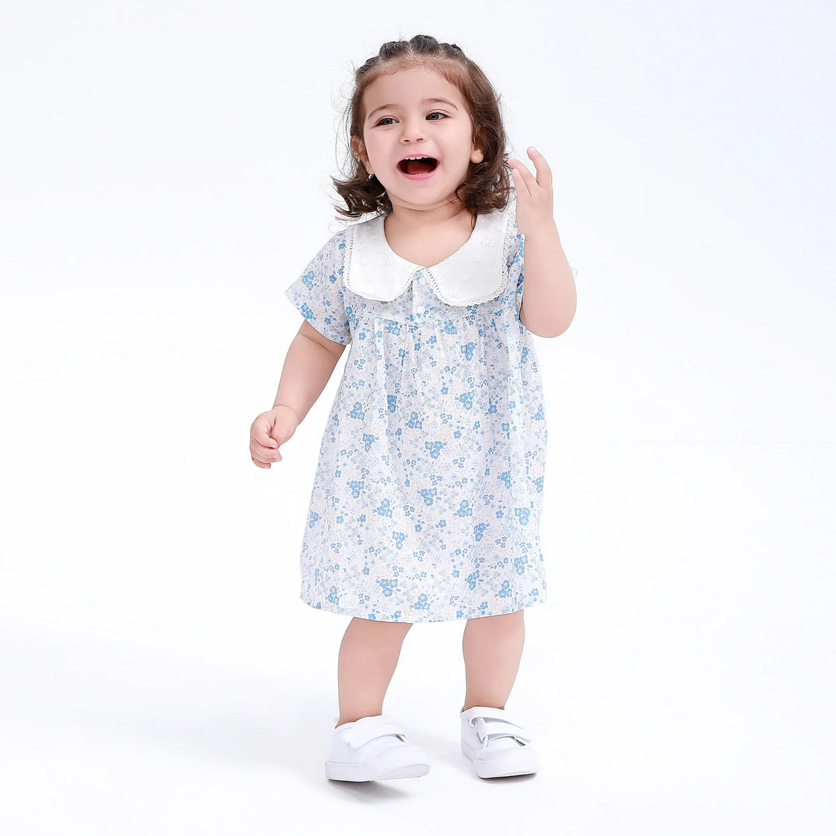 Blue Floral Classic Dress for Baby Girl Image