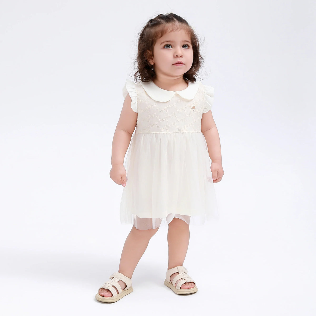 Beige Floral Classic Dress for Baby Girl Image