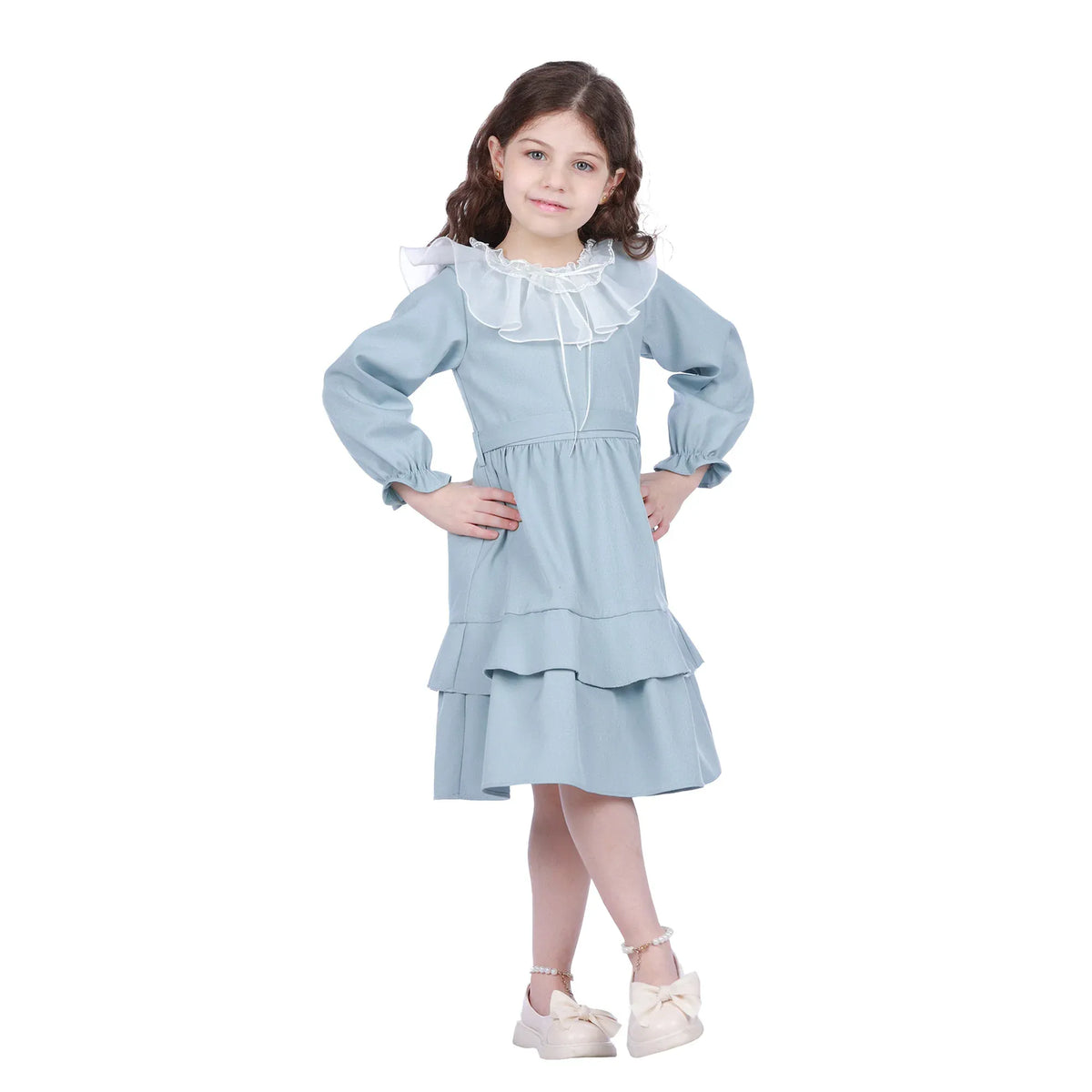 Grey Blue Plain Classic Dress For Girls Image