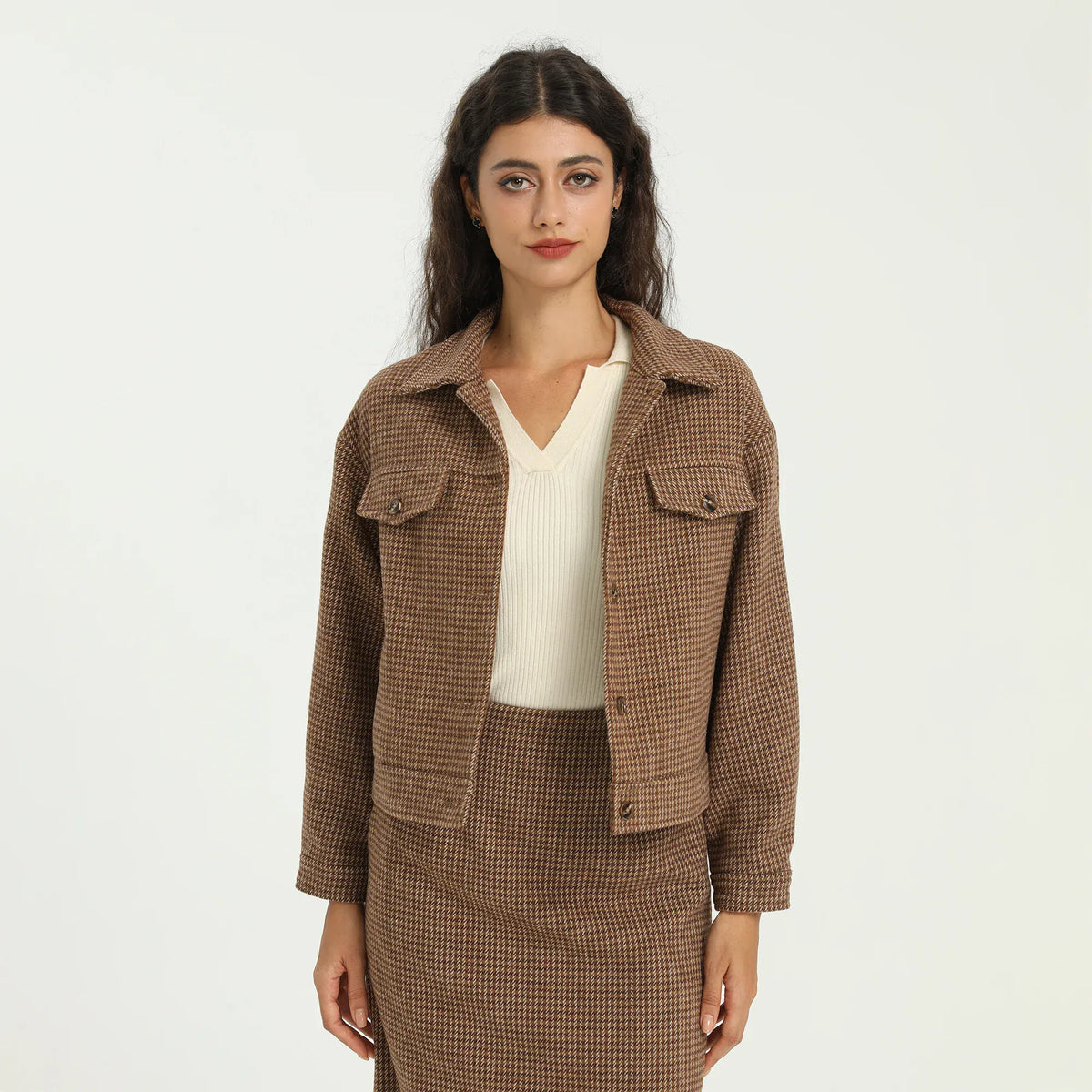 Coffee Elegant Checked Jacket for Women Image