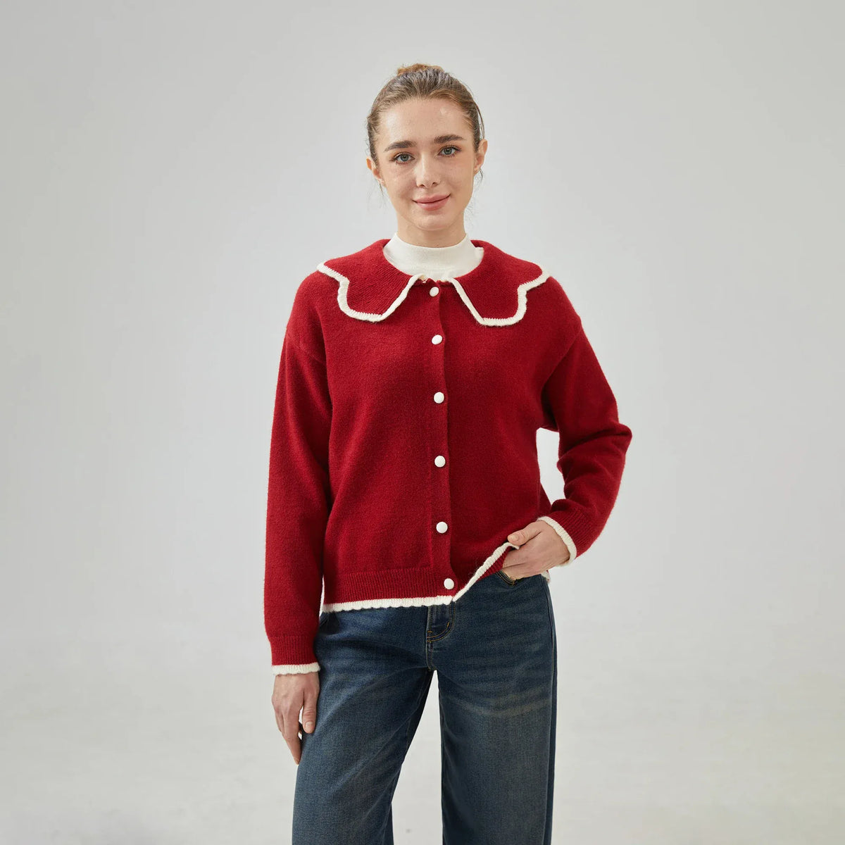 Maroon Embroidery Loose Drop-Shoulder cardigan with Collar for Women Image