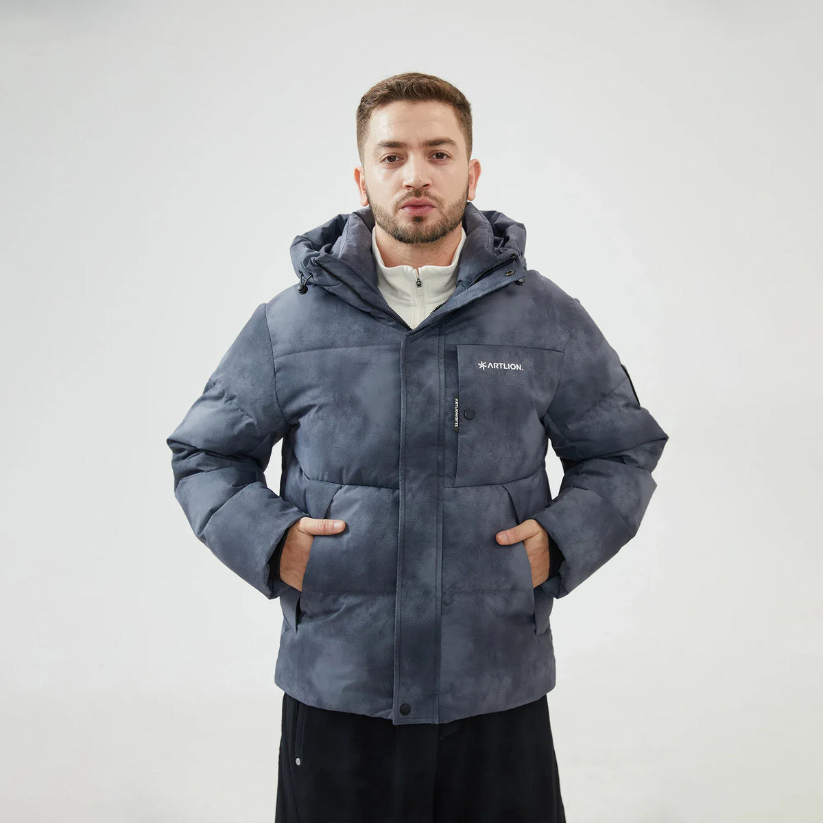 Black Tie-Dye Loose Sleeve Jacket with With Hood for Men Image