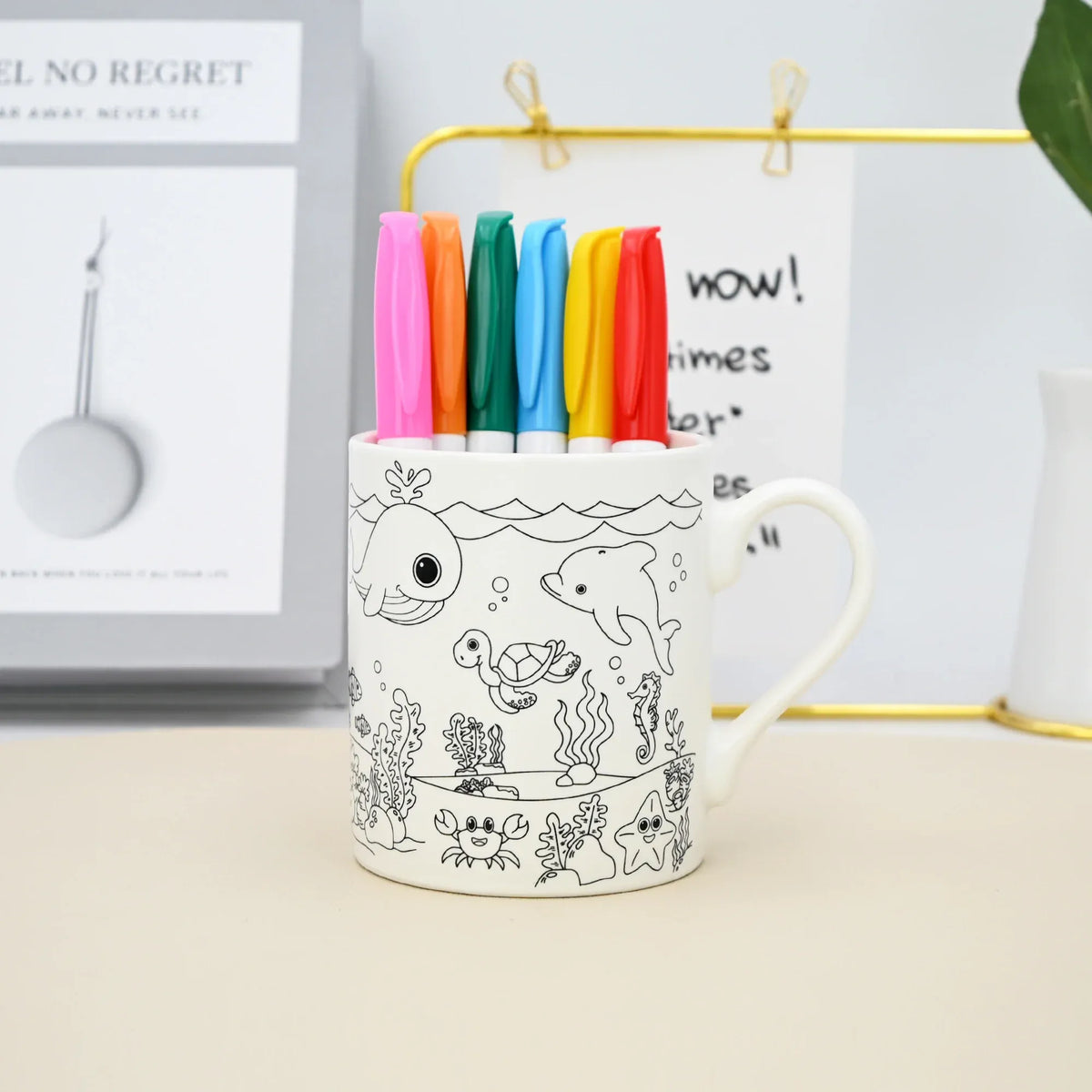 Mug With Animals Design With Set Of Six Color Pens Image