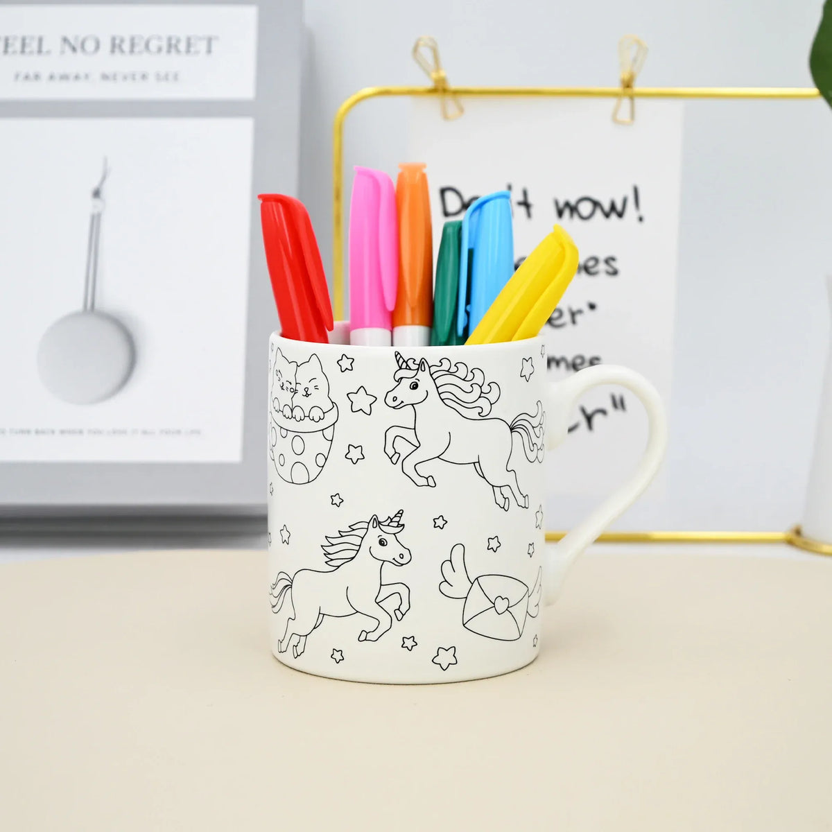 330Ml White 2 Unicorn Mug With Animals Design With Set Of Six Color Pens Image