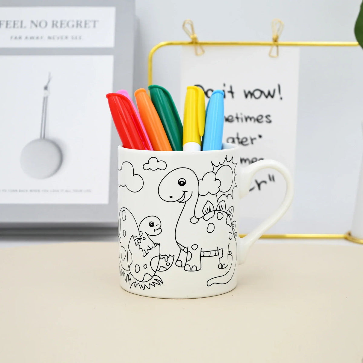 330Ml White 3 Dinosaur Mug With Animals Design With Set Of Six Color Pens Image