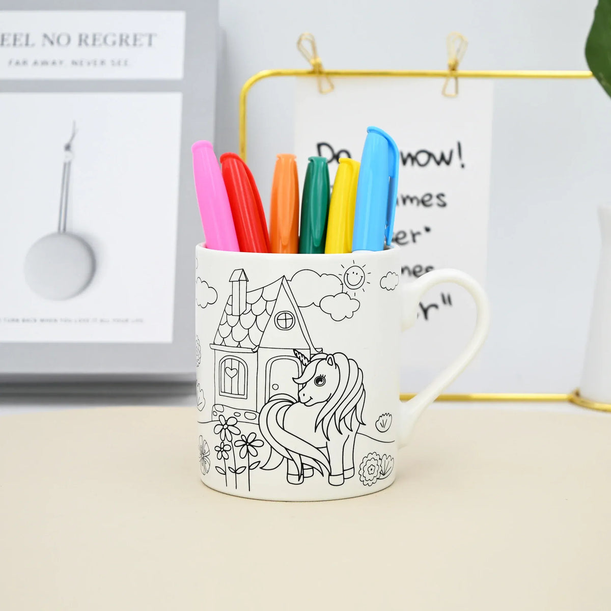 330Ml White 4 Unicorn2 Mug With Animals Design With Set Of Six Color Pens Image