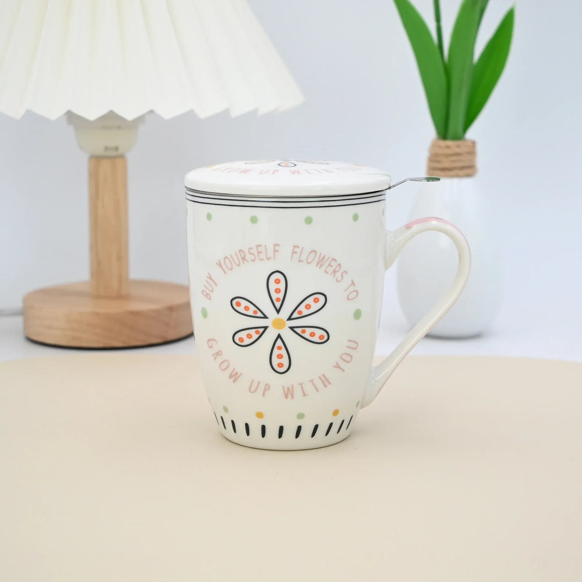 330Ml Pink 1 Mug With Flower and Strips Design Image