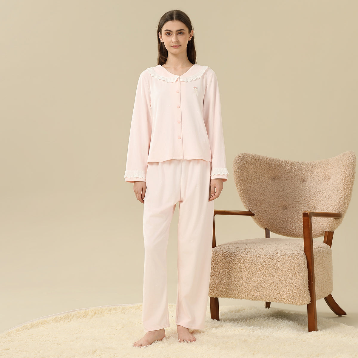 Jacket:Laced,Pants:Printed Pajama Set-2Pc For Women