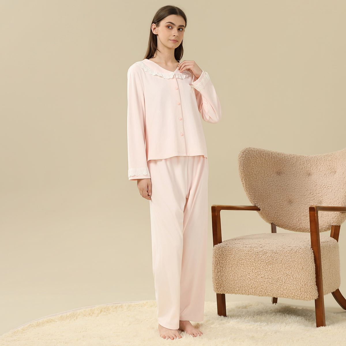 Jacket:Laced,Pants:Printed Pajama Set-2Pc For Women