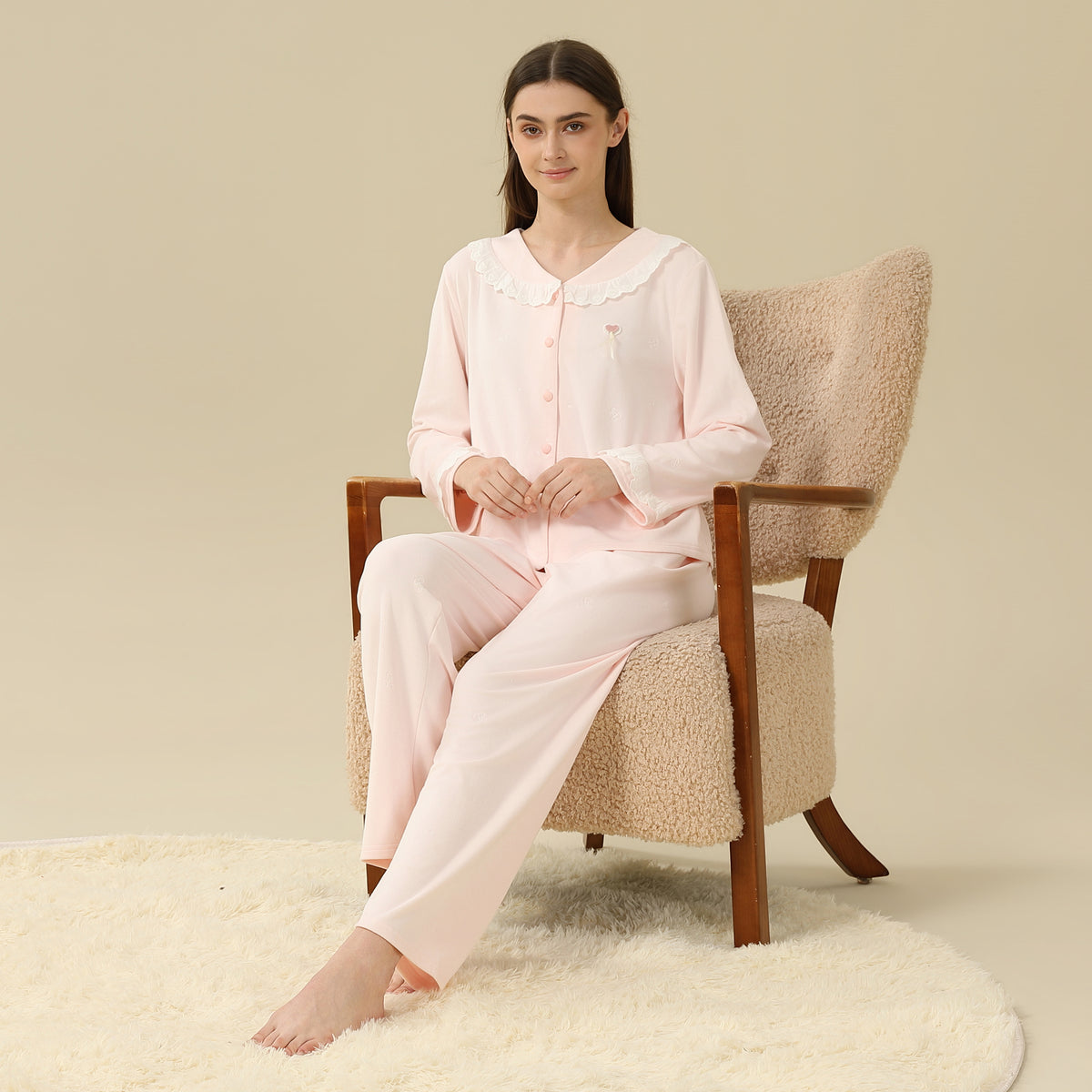 Jacket:Laced,Pants:Printed Pajama Set-2Pc For Women