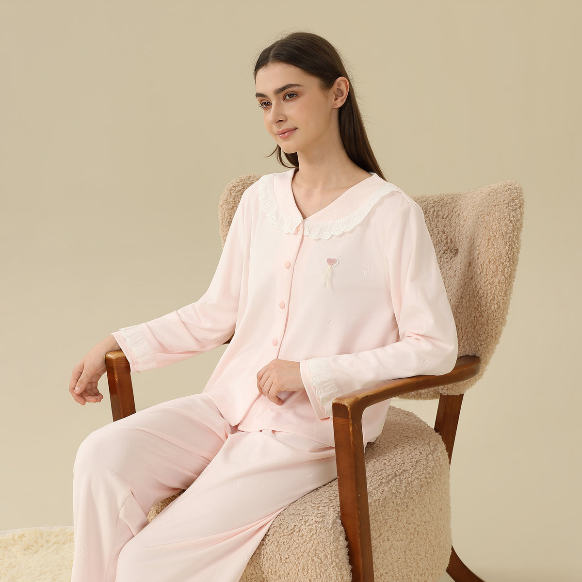 Jacket:Laced,Pants:Printed Pajama Set-2Pc For Women