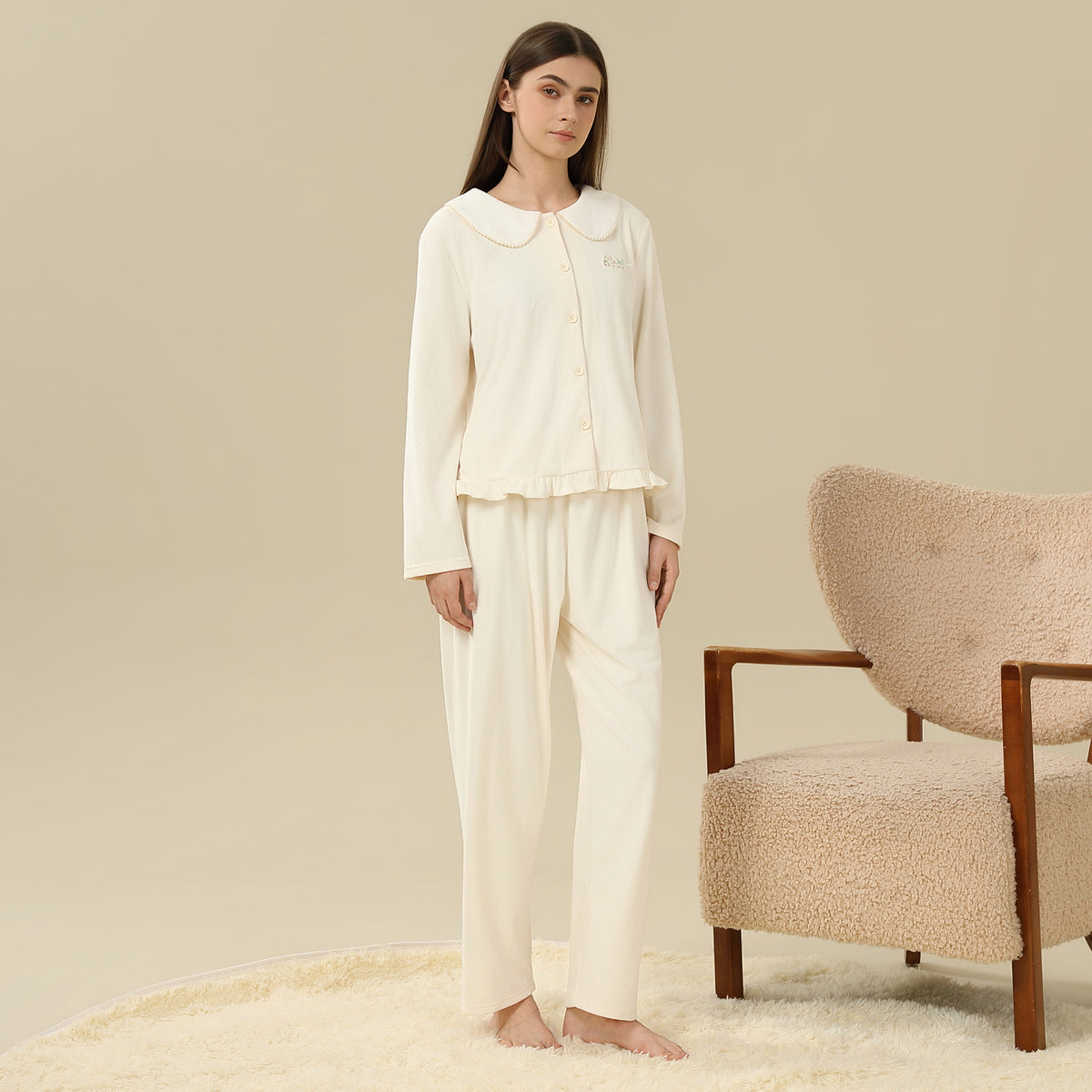 Jacket:Embroidery,Pants:Printed Pajama Set-2Pc For Women