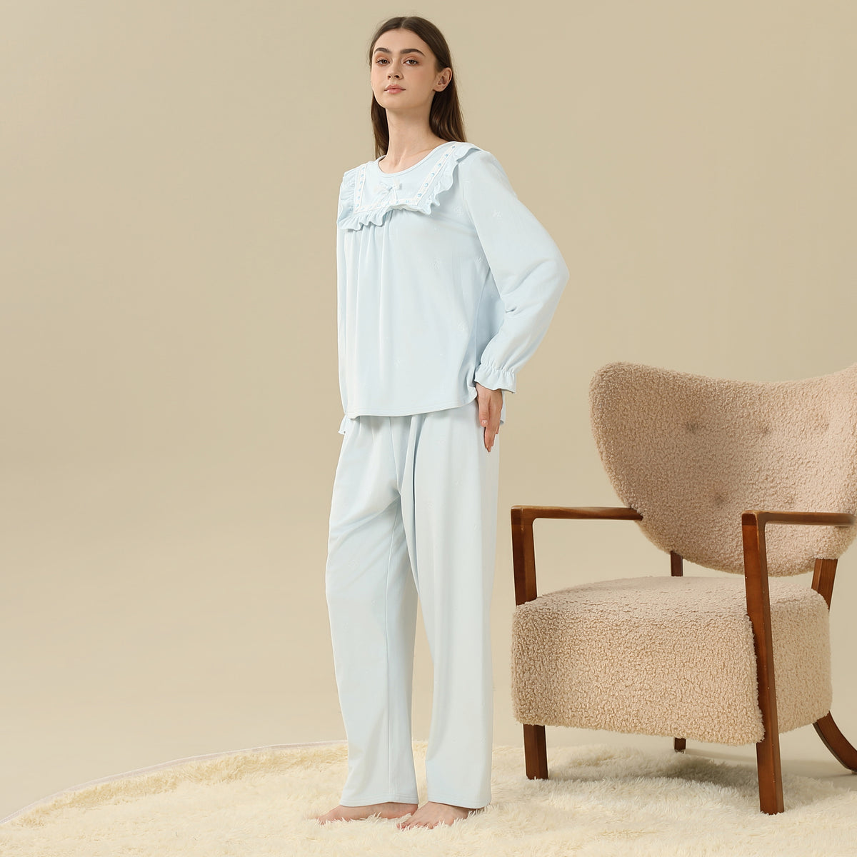 Jacket:Embroidery,Pants:Printed Pajama Set-2Pc For Women
