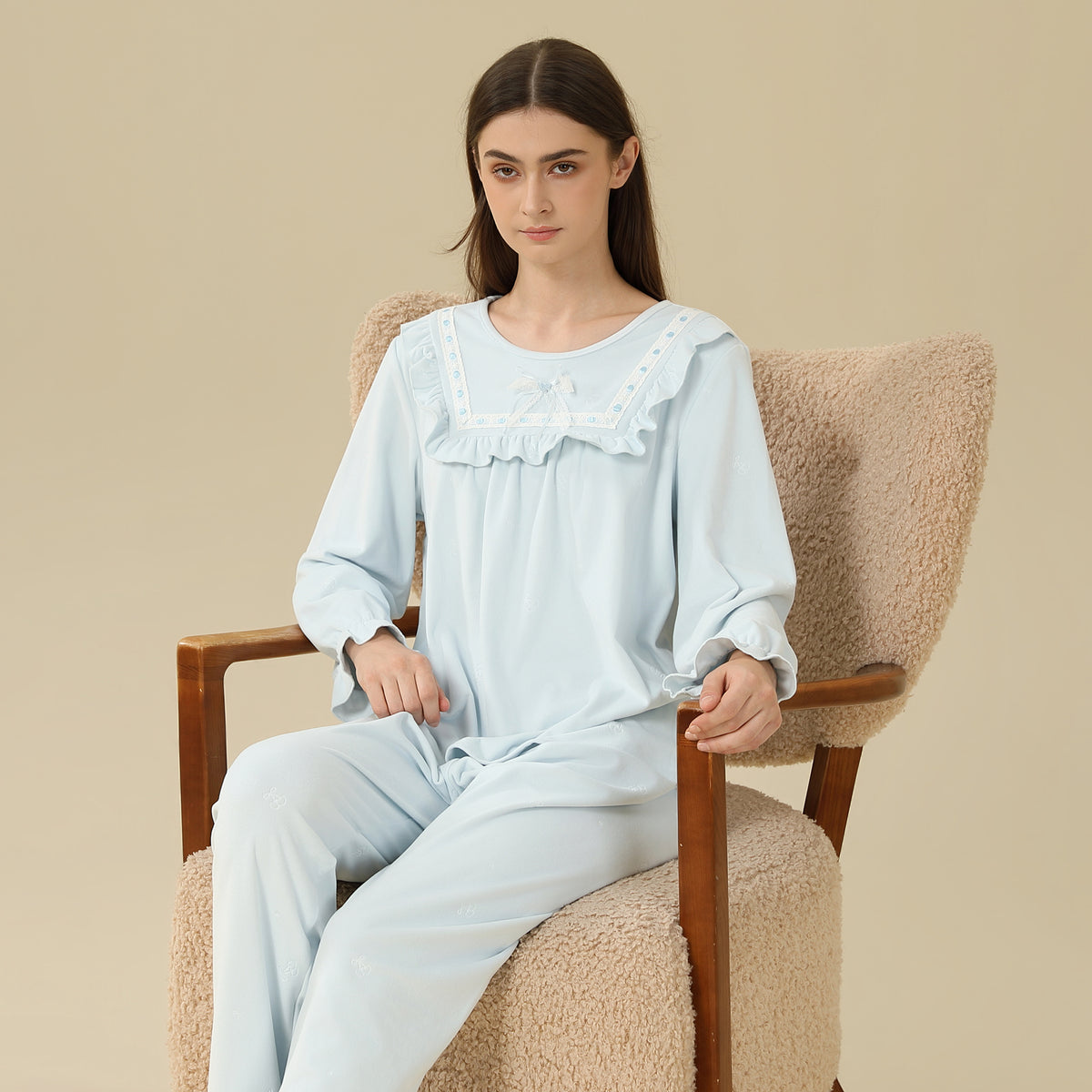 Jacket:Embroidery,Pants:Printed Pajama Set-2Pc For Women