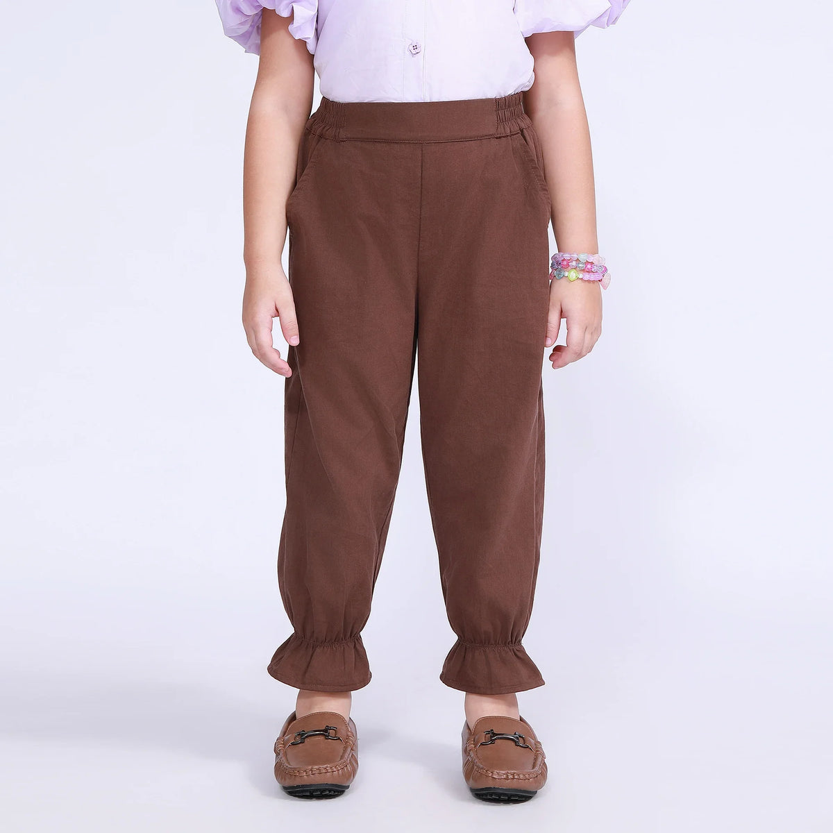 Coffee Plain Pants for Girls Image