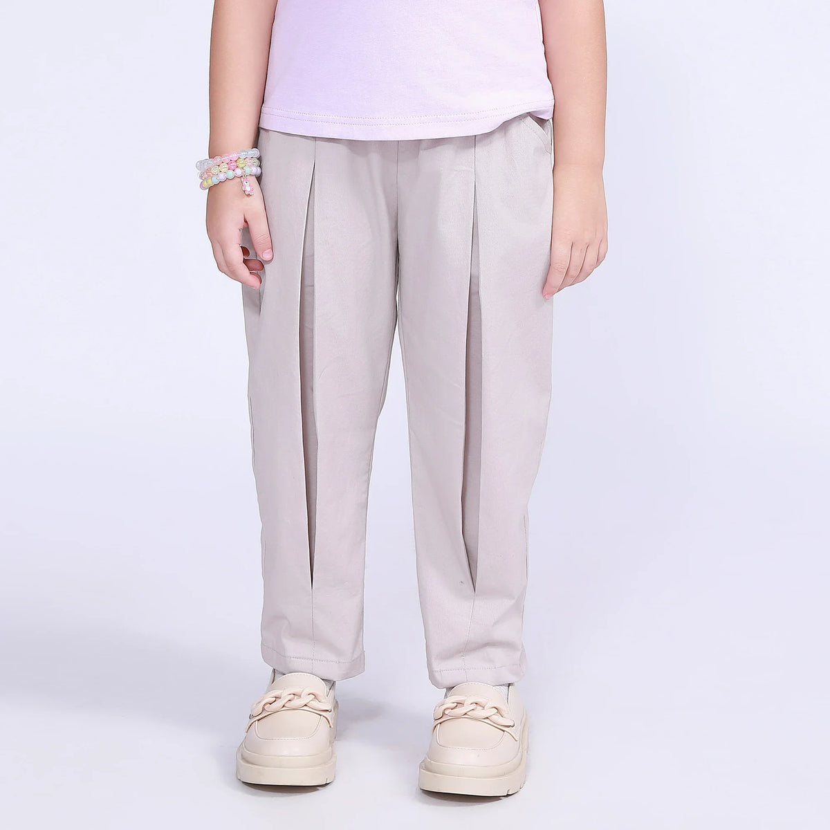 Beige Gray Plain Pants for Girls Image