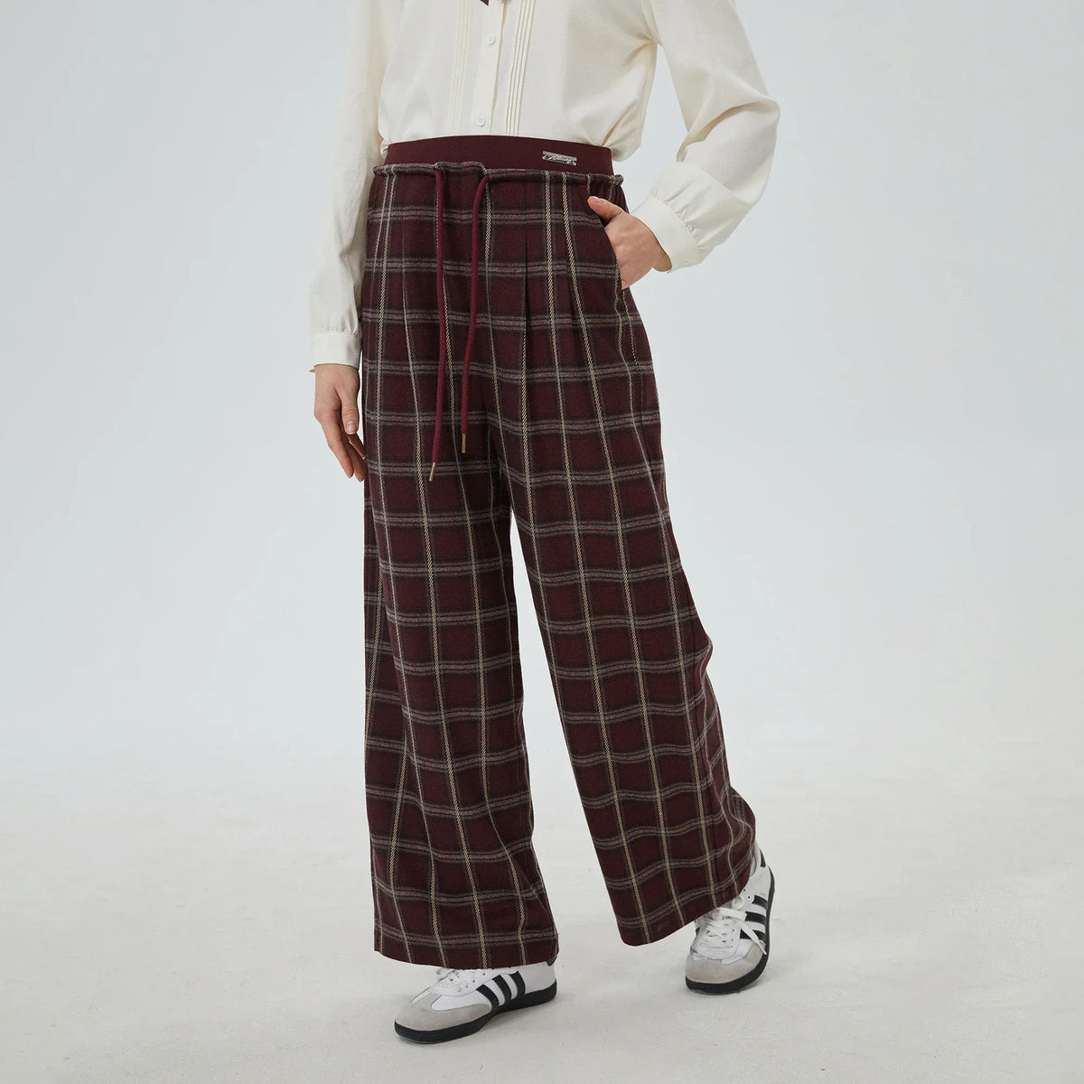 Maroon Checked Pants for Women Image