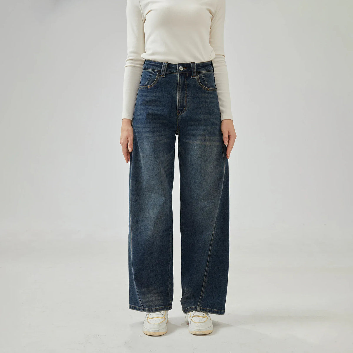 Wide-Leg Mid-Wiast Jeans Pants for Women Image