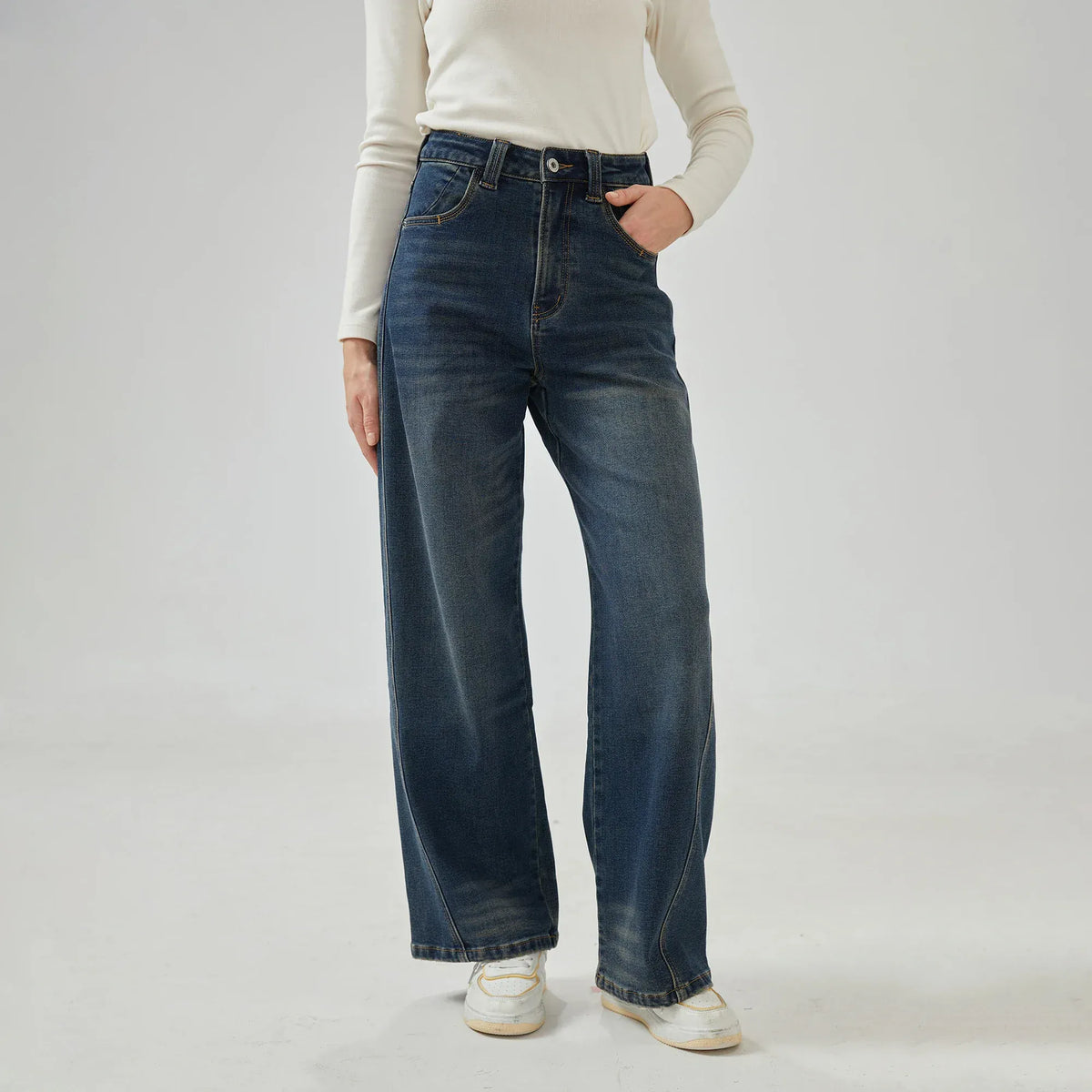 Dark Jeans Blue Wide-Leg Mid-Wiast Jeans Pants for Women Image