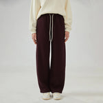 Dark Red Wide-Leg Mid-Wiast Plain Pants for Women Image