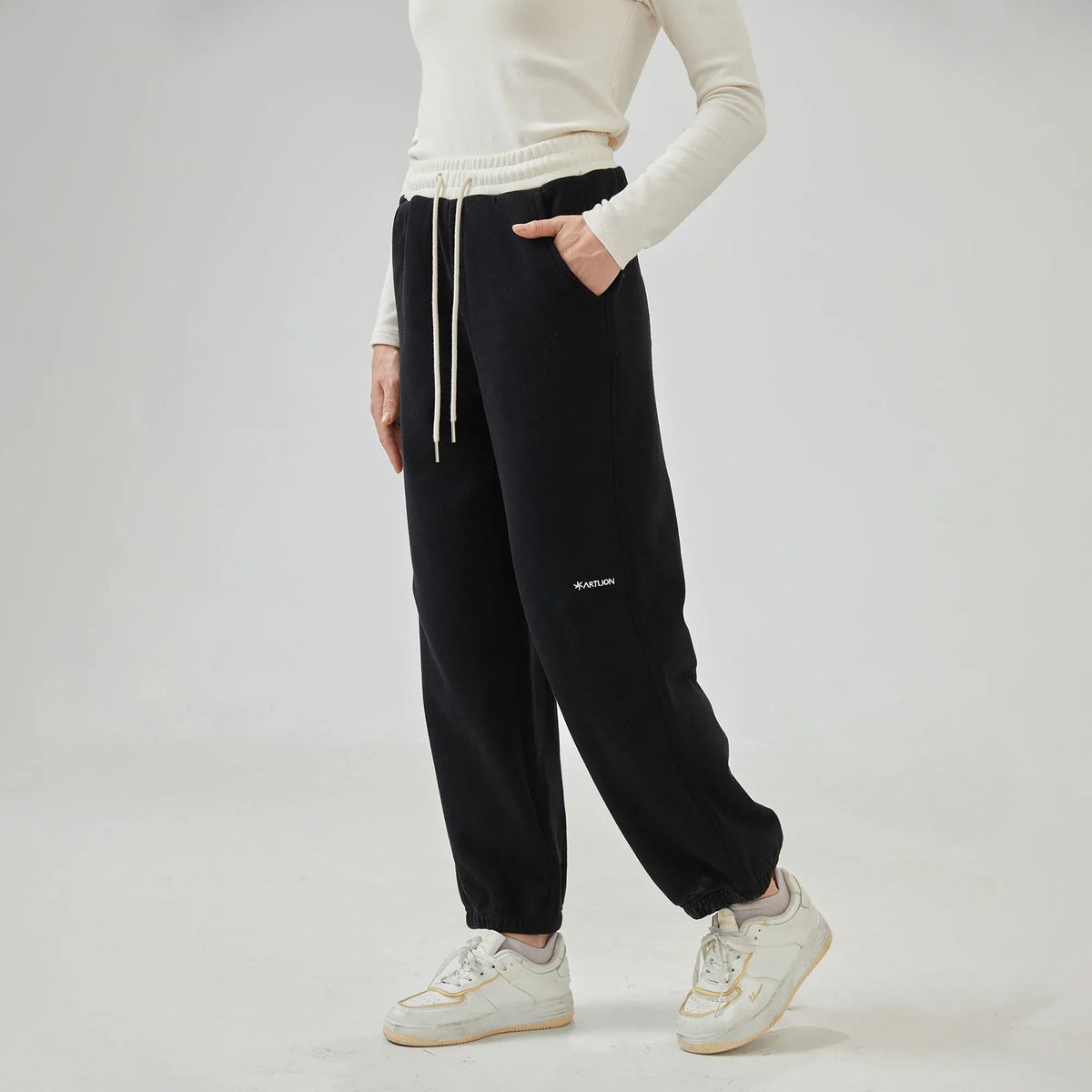 Black Ankle-Tied Mid-Wiast Embroidery Pants for Women Image