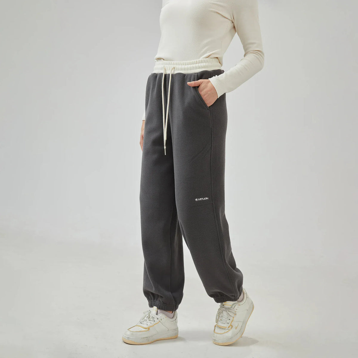 Dark Grey Ankle-Tied Mid-Wiast Embroidery Pants for Women Image