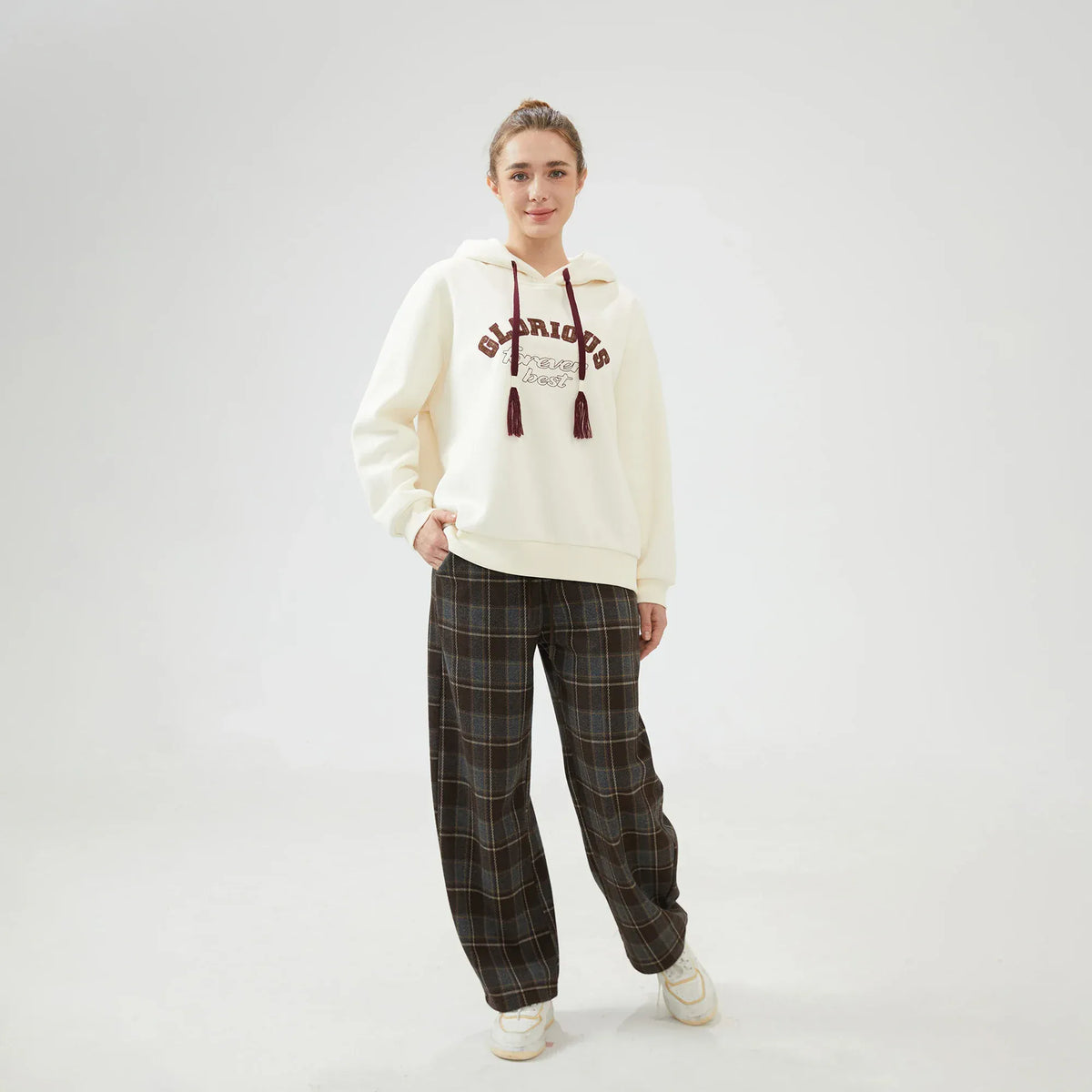 Wide-Leg Mid-Wiast Checked Pants for Women Image