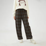 Wide-Leg Mid-Wiast Checked Pants for Women Image