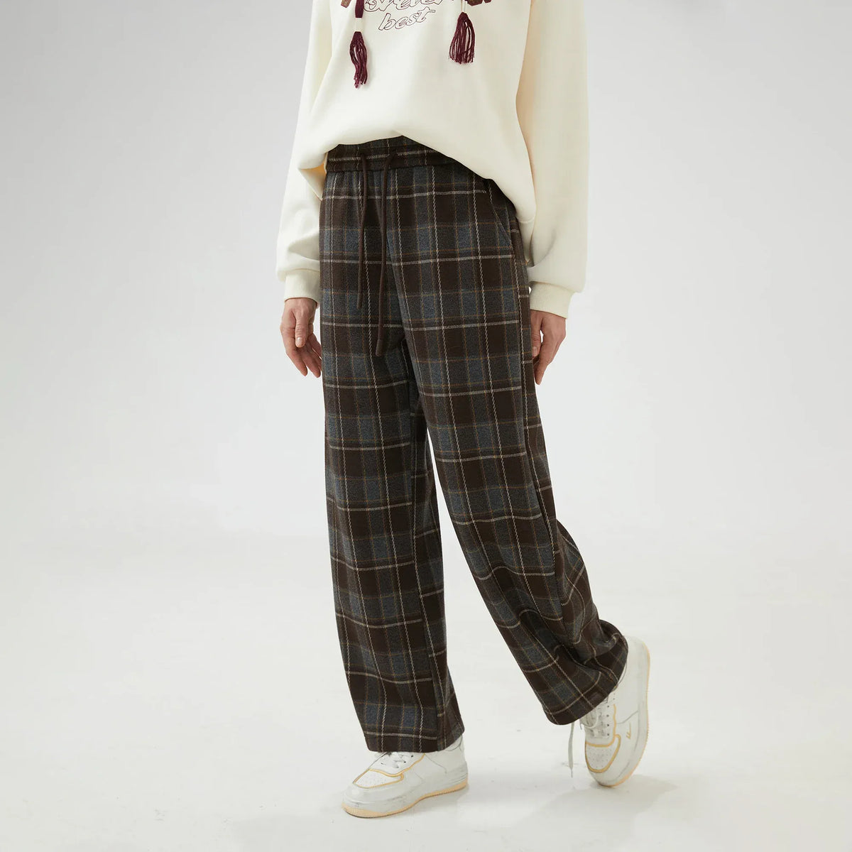 Coffee Wide-Leg Mid-Wiast Checked Pants for Women Image
