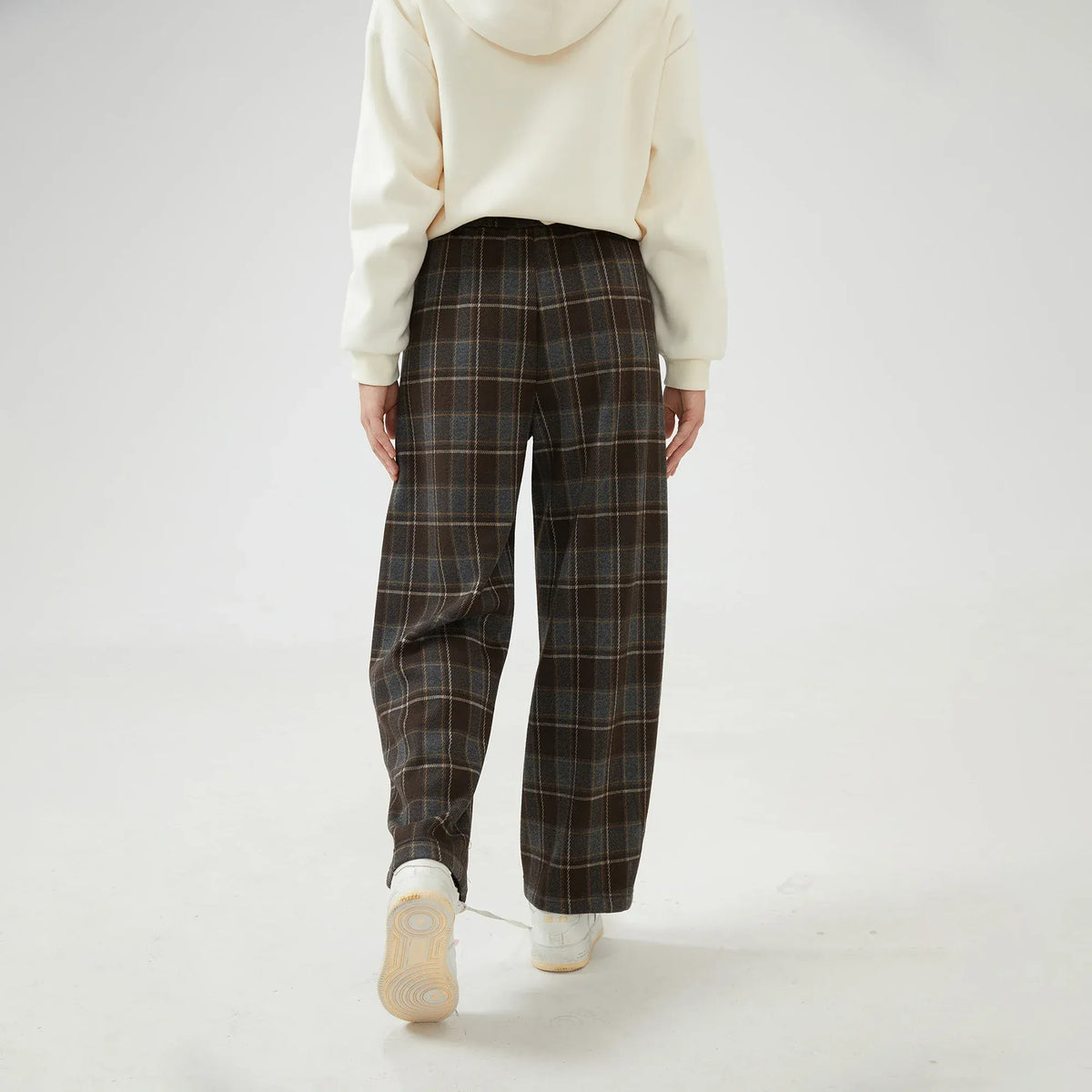 Wide-Leg Mid-Wiast Checked Pants for Women Image