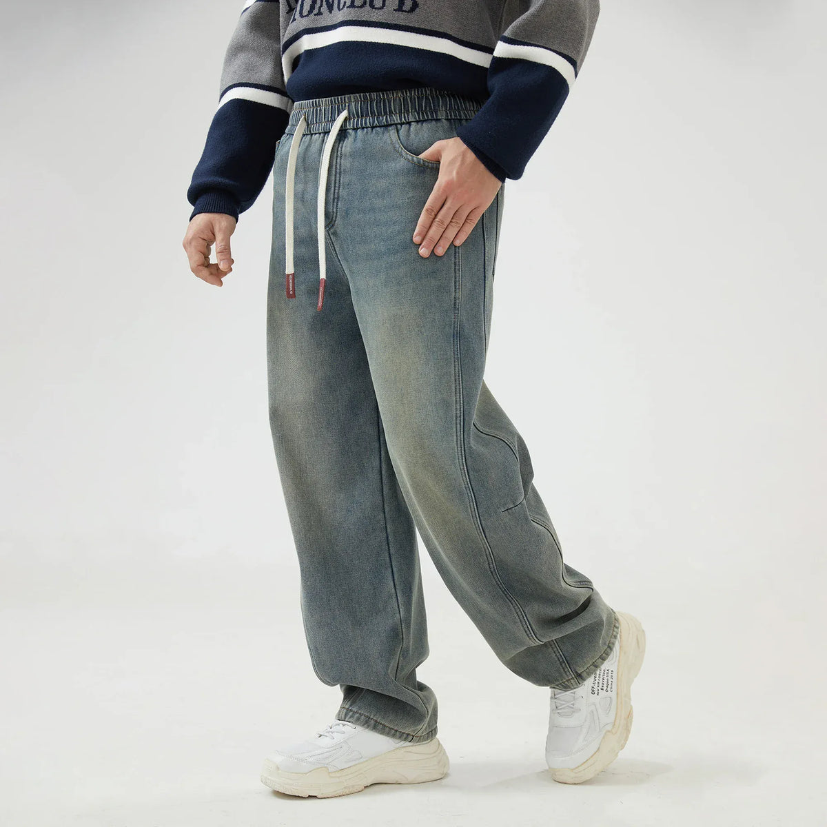Light Jeans Blue Straight-Leg Mid-Wiast Jeans Pants for Men Image