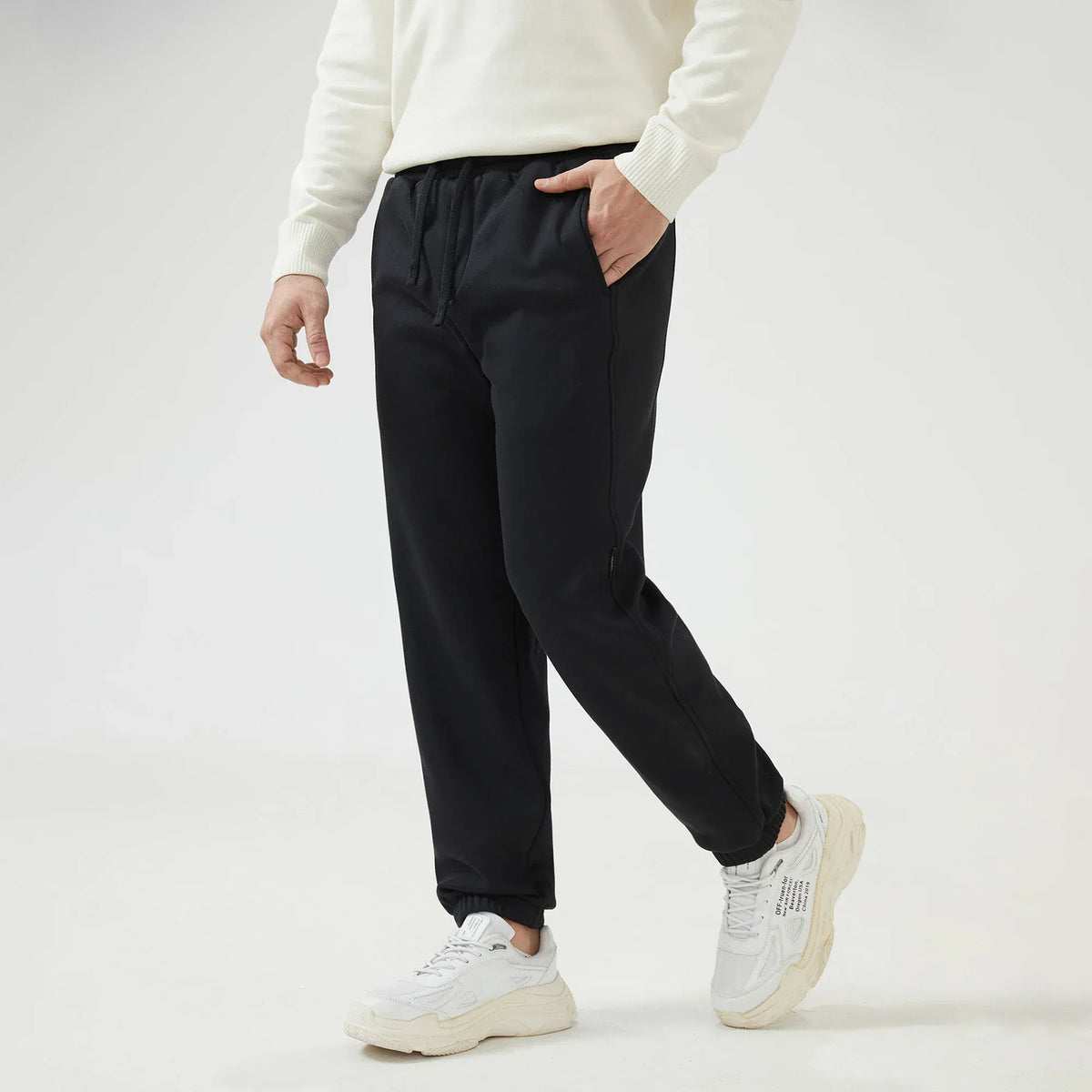 Black Ankle-Tied Mid-Wiast Plain Pants for Men Image